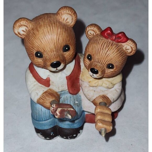 Set Of 2 Vintage Homco #1446 Camping Bears Figurines Porcelain - Picture 3 of 3
